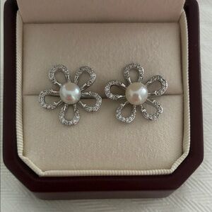 Silver Flower Pearl Earrings | Sterling Silver Posts | Holiday Gift for Her